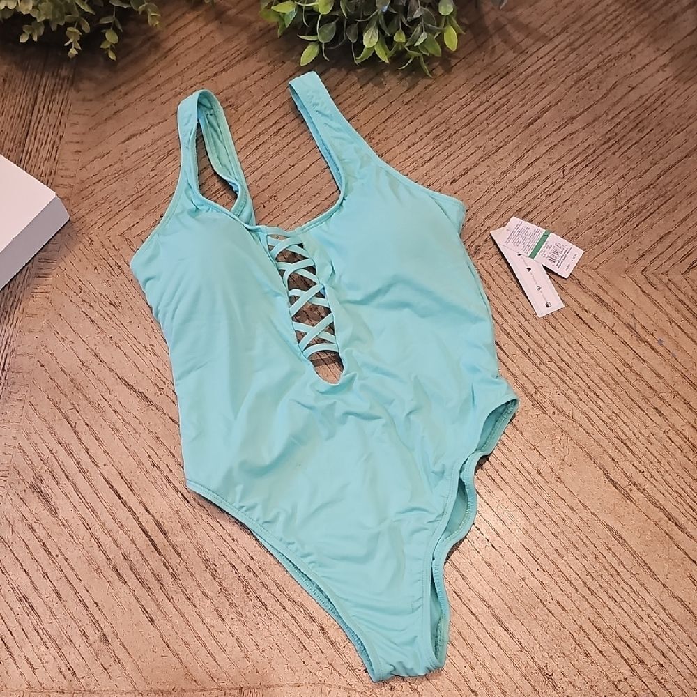 The Bikini Lab Turquoise Swimsuit with Lace-Up Detail Size L NWT